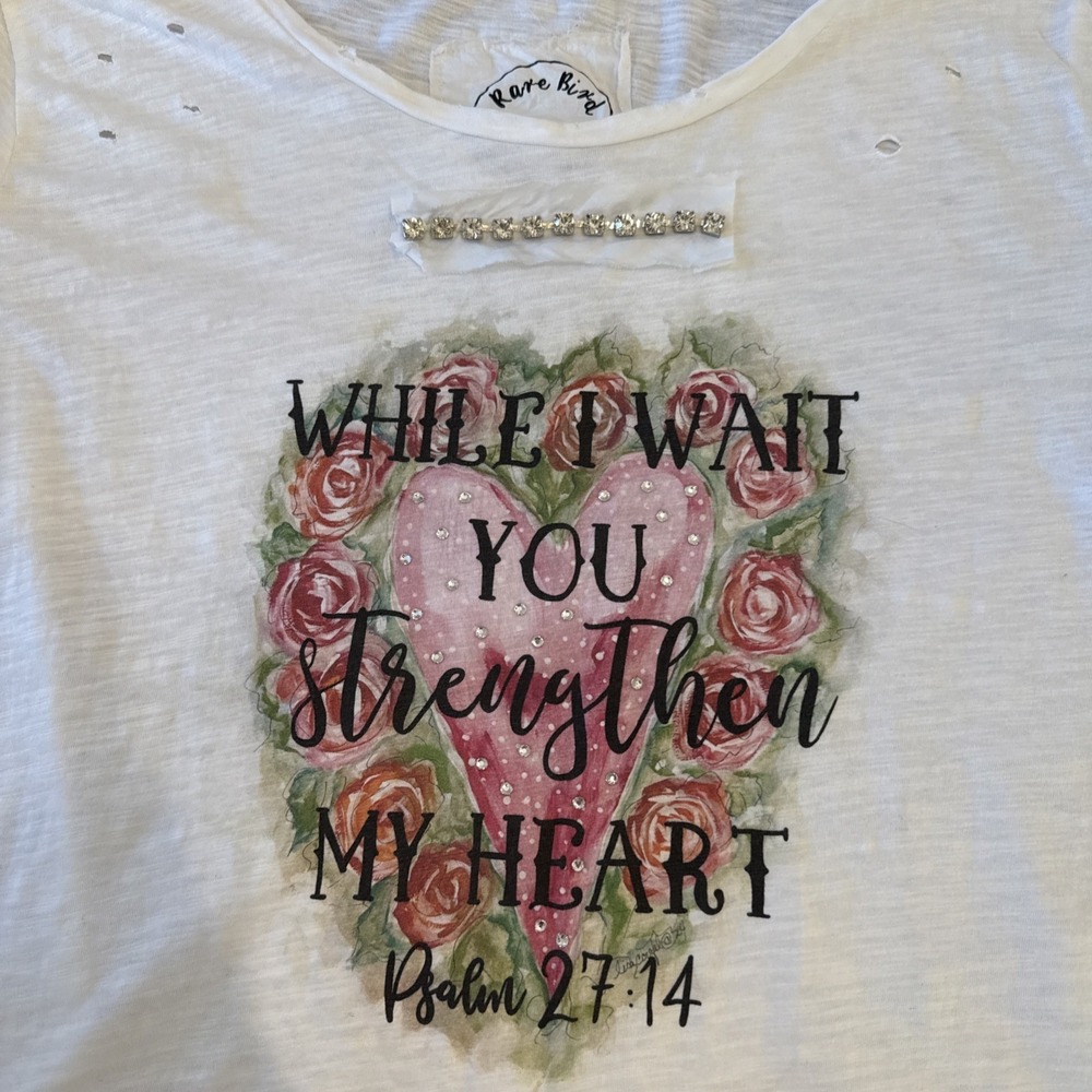 NWOT A Rare Bird Strengthen My Heart Tattered Tee White L/XL Rhinestones Boho - Picture 6 of 10